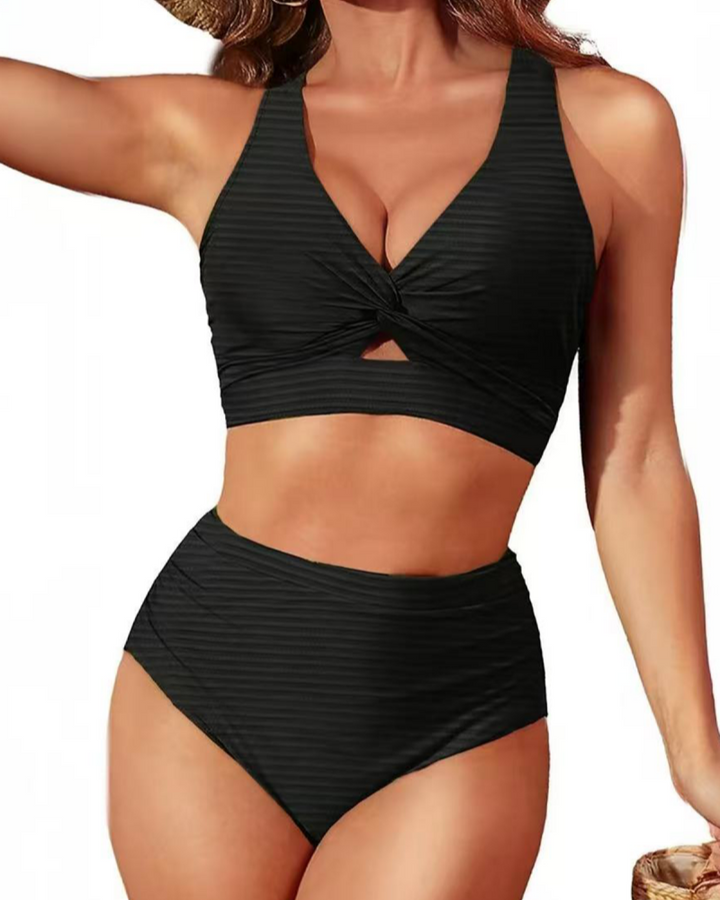 Chic Ribbed High-Waist Bikini with Twisted Front Design