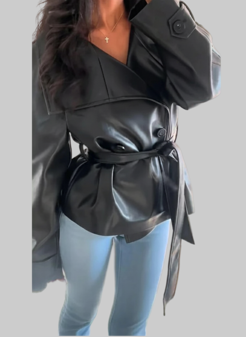 Street Fashion PU Leather Belted Jacket