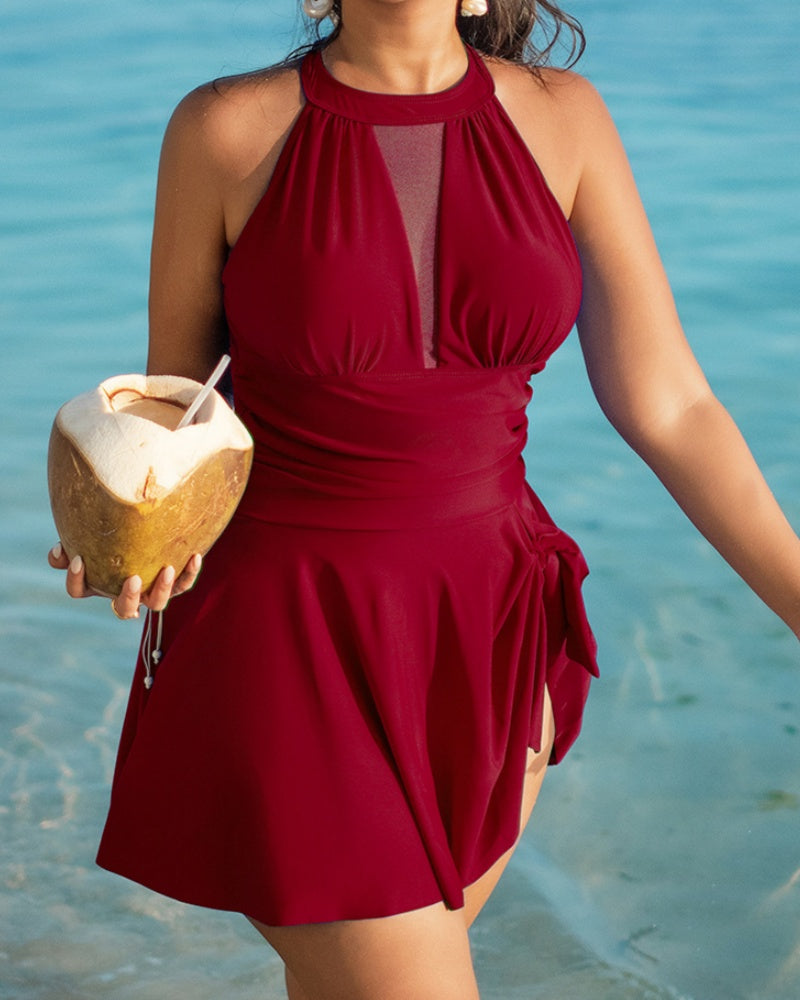 HALSTON |Plus Size Swimsuit with Mesh Detail and Tummy Control