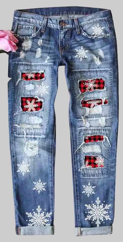 Mid-Waist Jeans with Christmas-Themed Ripped Design