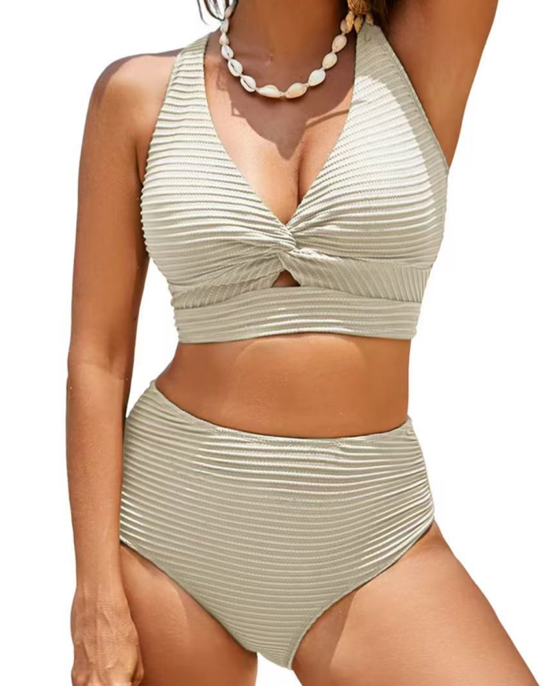 Chic Ribbed High-Waist Bikini with Twisted Front Design
